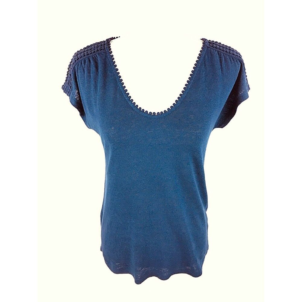 Boden‎ Womens Scalloped Scoop Neck Tee Top XS Blue Linen Blend